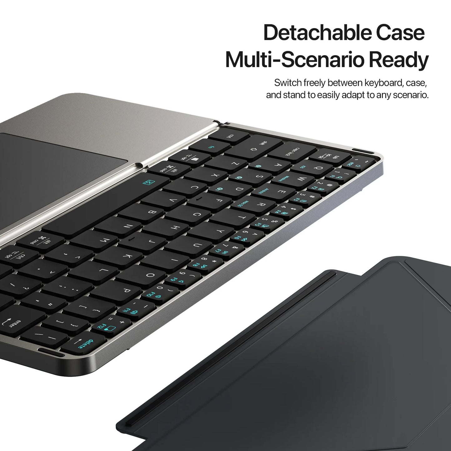 Detachable keyboard case with keyboard and cover on a white background