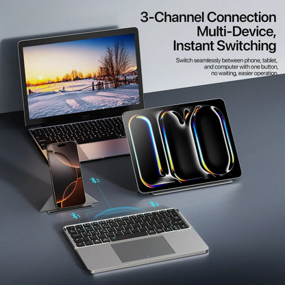 Laptop, phone, and tablet with 3-channel connection feature on a dark surface.