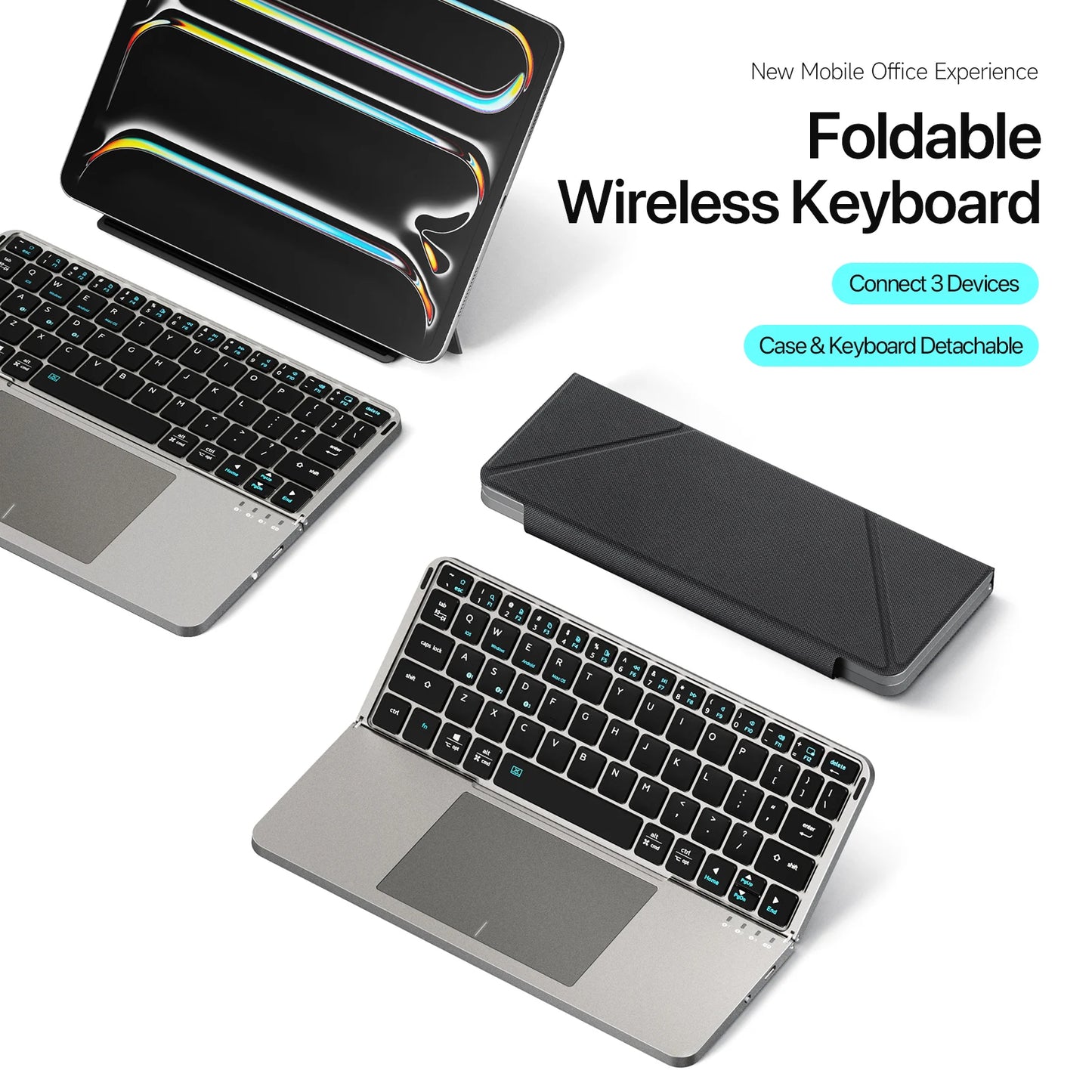 Foldable wireless keyboard with detachable case on a white background