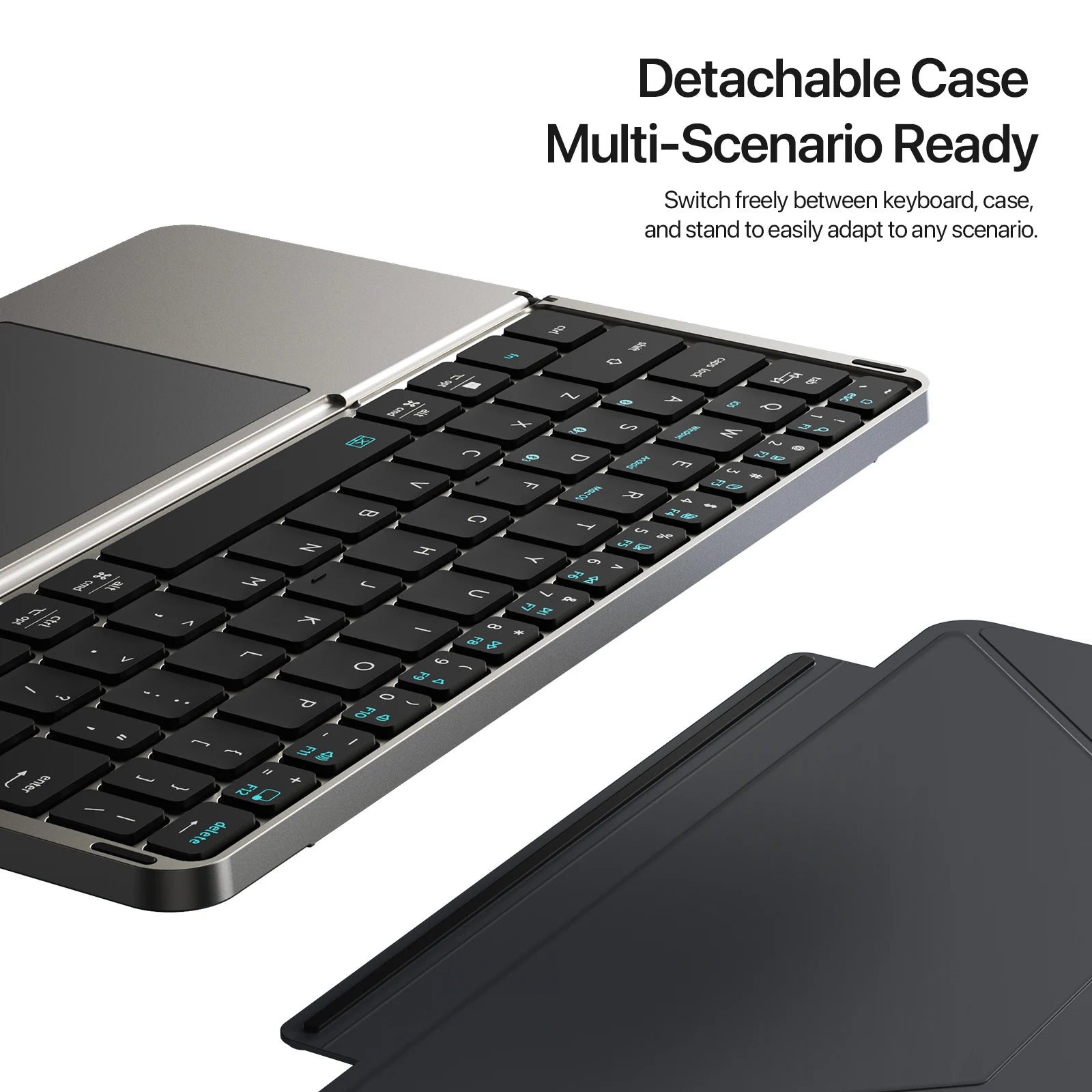 Detachable keyboard case with keyboard and cover on a white background