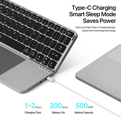 Keyboard with Type-C charging cable and power statistics on a white background