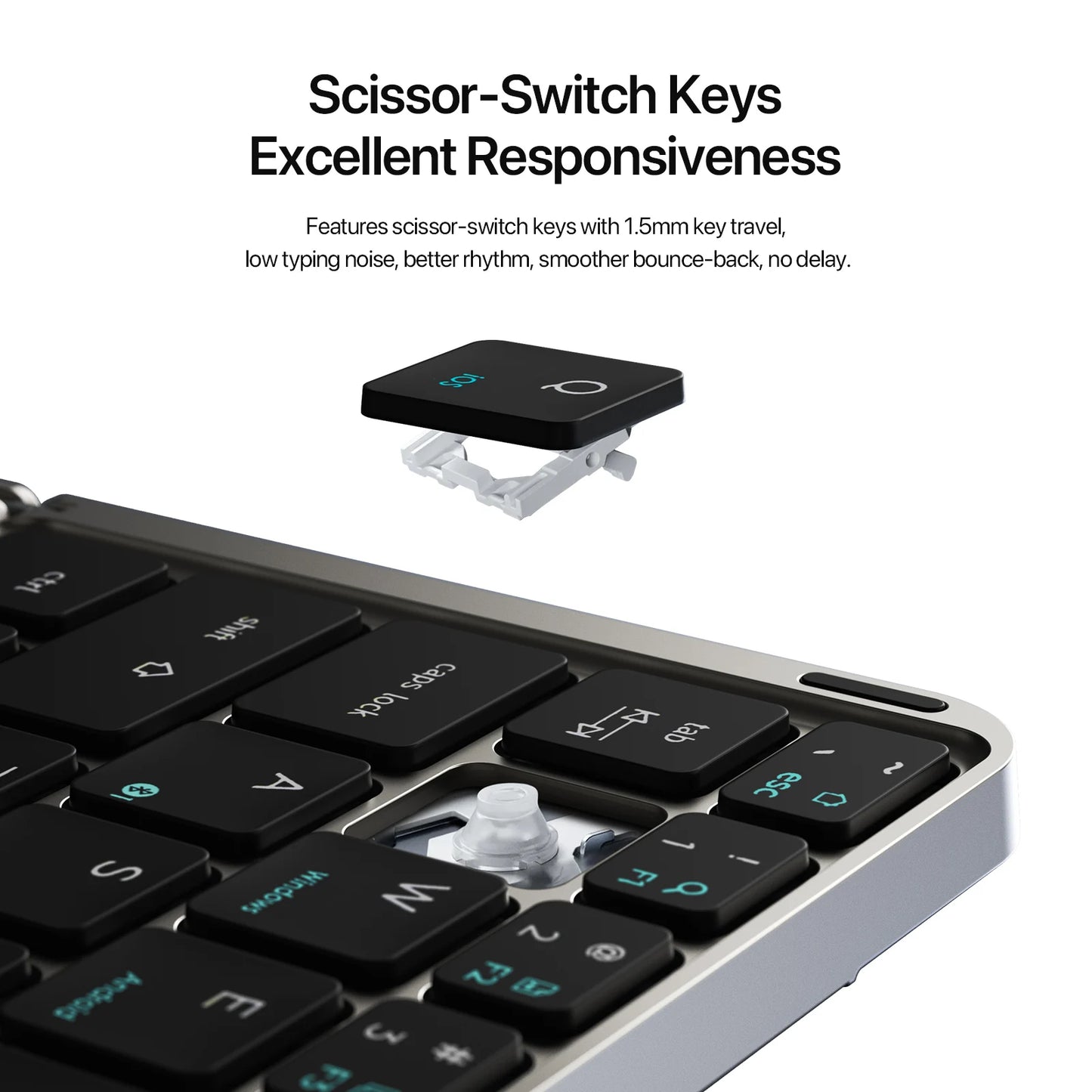 Keyboard with scissor-switch keys and text highlighting responsiveness on a white background