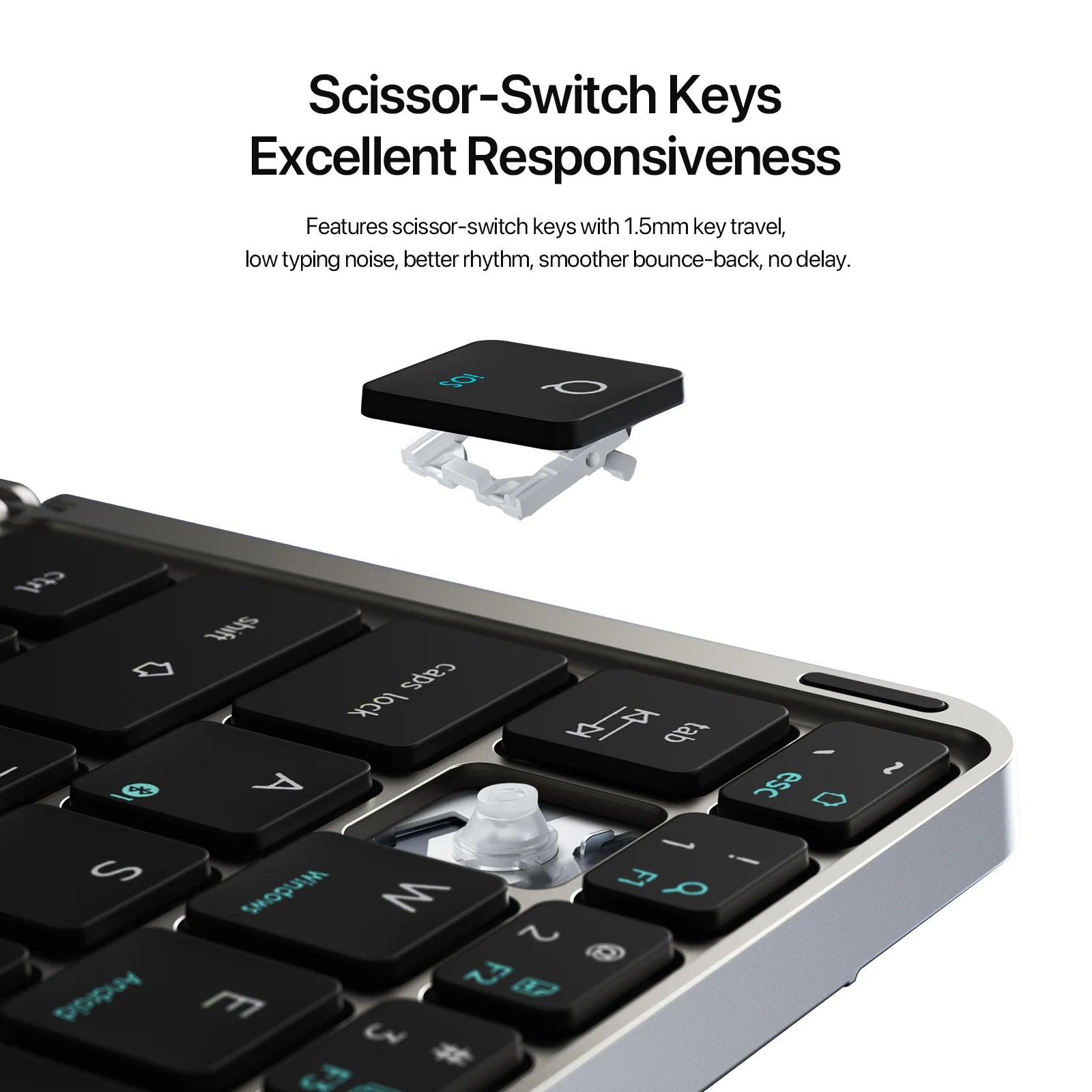 Keyboard with scissor-switch keys and text highlighting responsiveness on a white background